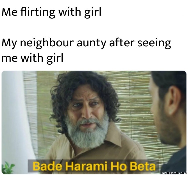My neighbour aunty after seeing me with girl Bade harami ho beta meme.jpg