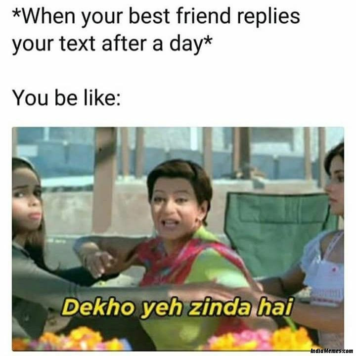 When your best friend replies your text after a day You be like Dekho yeh zinda hai meme.jpg