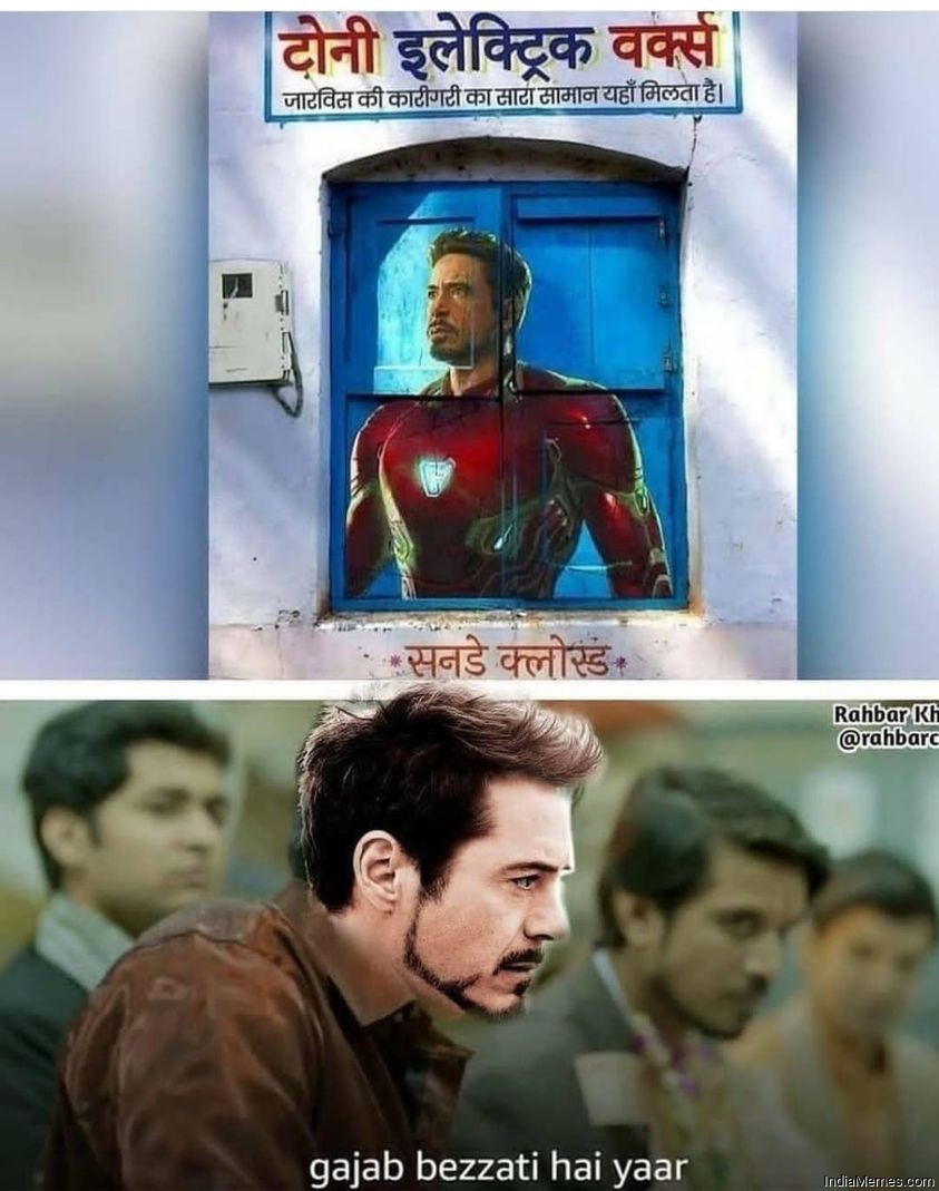 Tony electrical worls Le Tony Stark Gajab bejjati hai yaar meme.jpg