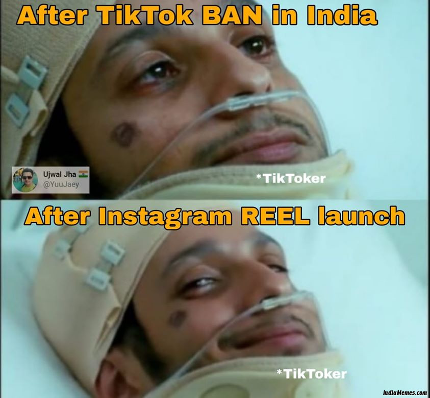 Tiktokers after tiktok ban in India vs Tiktokers after Instagram reel launch meme.jpg