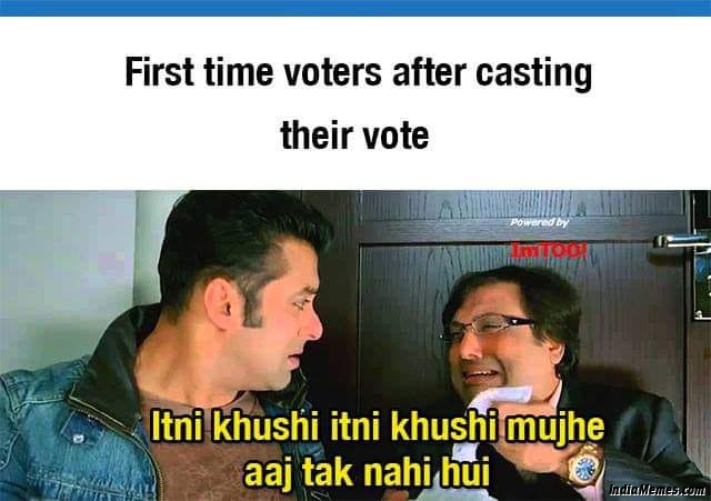 First time voters after casting their vote Itni khushi mujhe aaj tak nahi hui meme.jpg