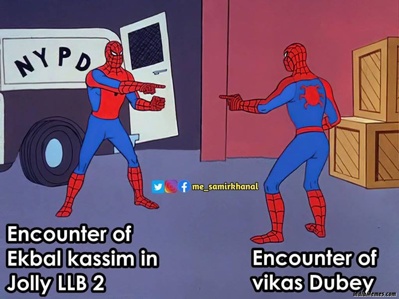 Encounter of Ekbal Kassim in Jolly LLB 2 vs Encounter of Vikas Dubey Spiderman meme.jpg