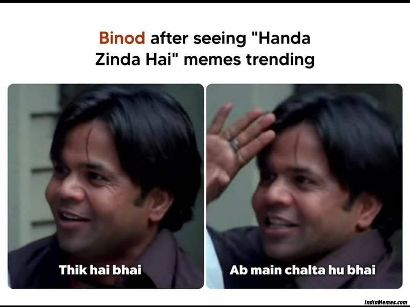 Binod after seeing Handa zinda hai trending Thik hai bhai Ab main chalta hu bhai meme