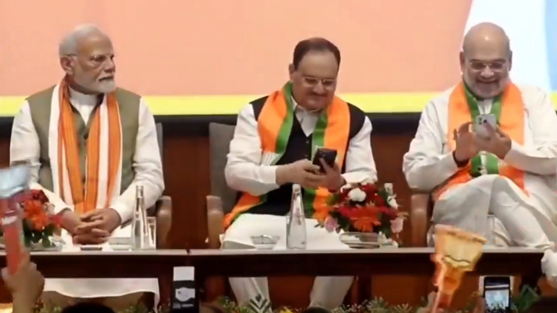 Modi Ji Sitting Quiet Alone JP Nadda and Amit Shah Watching Mobile Blank Meme Template